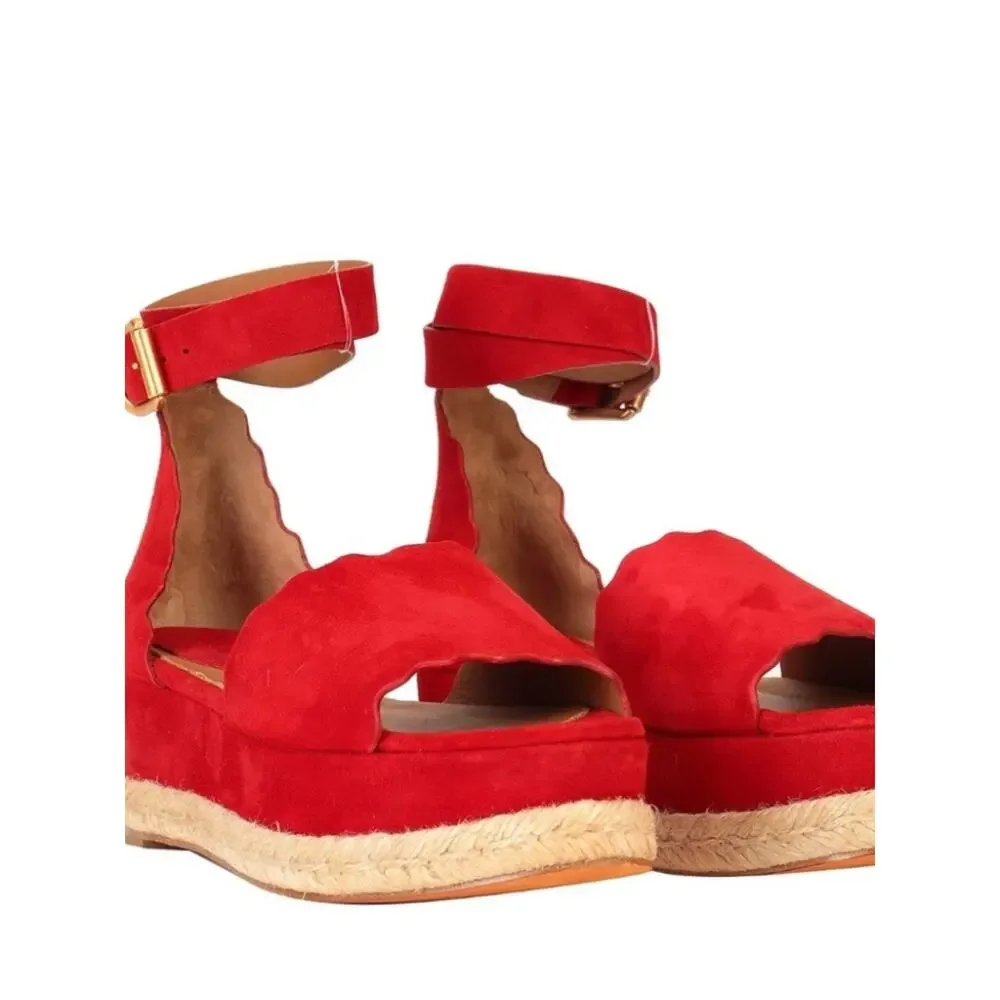 Chloe Lauren Red Suede Scalloped Espadrille Wedge Sandals Size 37